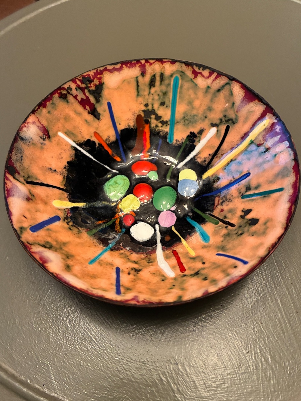 Mid century modern copper & enamel bowl 5.5 in x 2 in